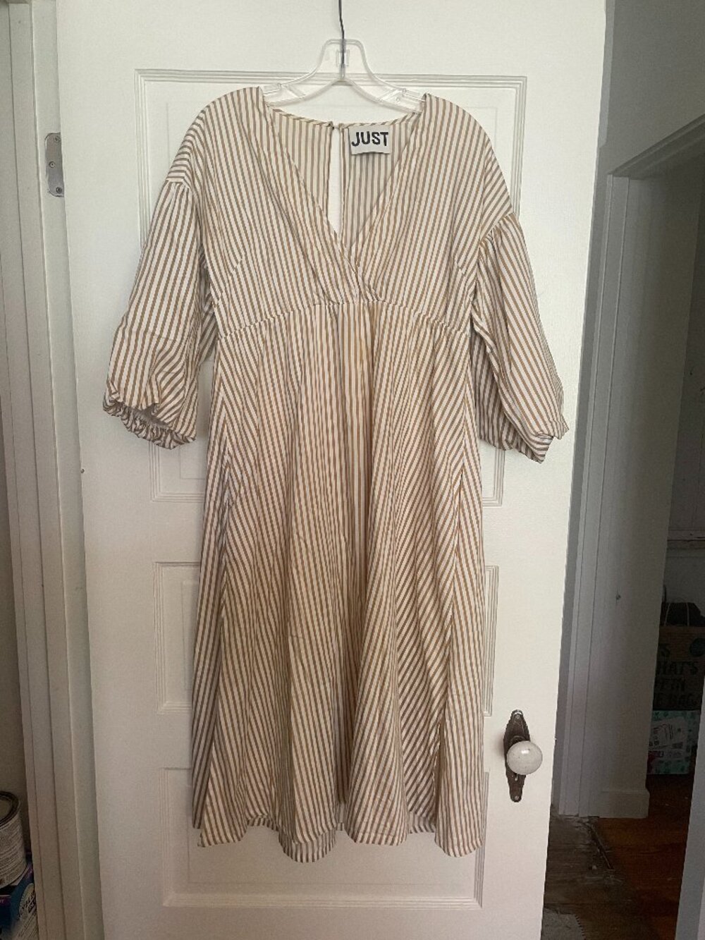 Just Female Striped Puff Sleeve Midi Dress Tan White